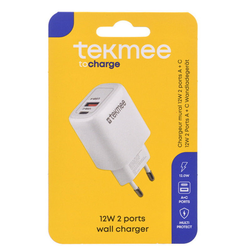 Tekmee Universal USB SCHNELL-LADEGERÄT Netzteil Netzadapter 12W mit USBC und USBA in WEISS