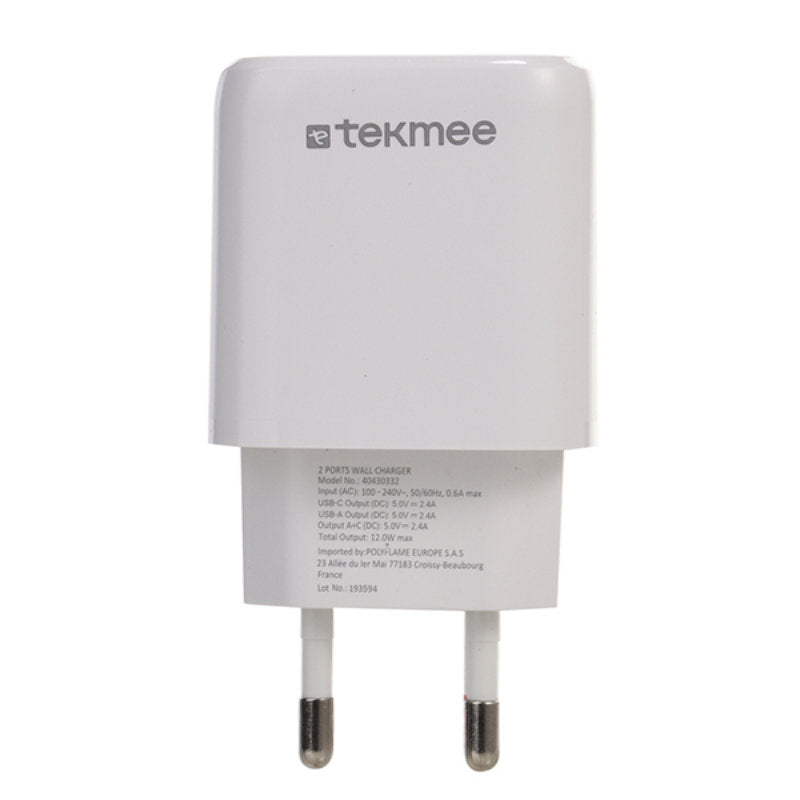 Tekmee Universal USB SCHNELL-LADEGERÄT Netzteil Netzadapter 12W mit USBC und USBA in WEISS