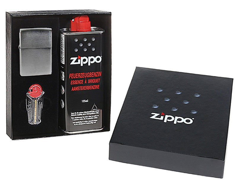 Zippo Raucherset FEUERZEUG-SET Benzinfeuerzeug Chrom-Gebürstet, Feuerzeugbenzin, Feuersteine + Geschenkbox