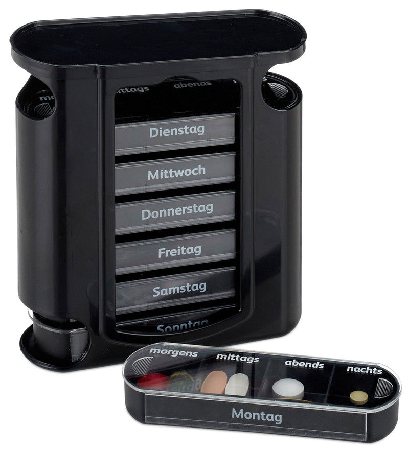 Tablettenbox PILLENBOX Pillendose 7 Tage 4 Fächer – Medikamentenorganizer für eine Woche SCHWARZ