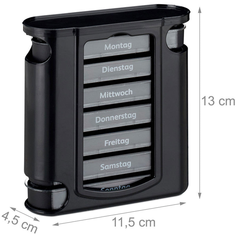 Tablettenbox PILLENBOX Pillendose 7 Tage 4 Fächer – Medikamentenorganizer für eine Woche SCHWARZ