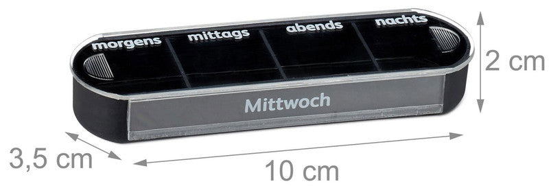 Tablettenbox PILLENBOX Pillendose 7 Tage 4 Fächer – Medikamentenorganizer für eine Woche SCHWARZ