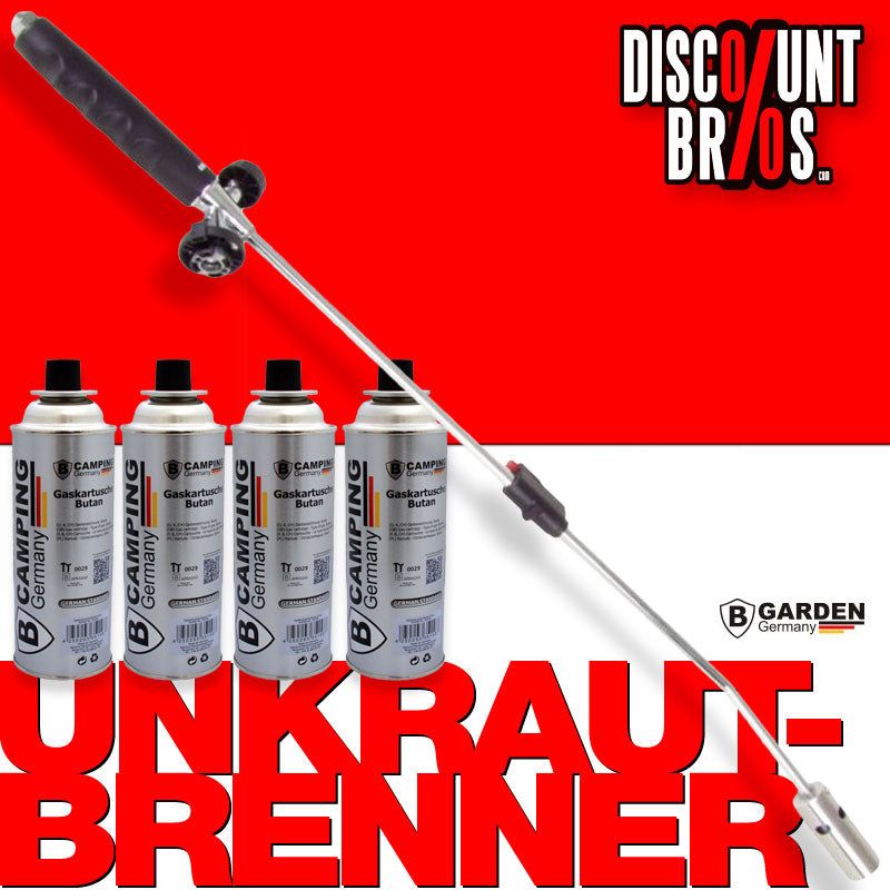 B-GARDEN Gasbrenner UNKRAUTBRENNER Lanze mit Piezozündung + 4er-Set GASKARTUSCHEN 227g Butangas-Kartuschen mit Bajonett-Ventil