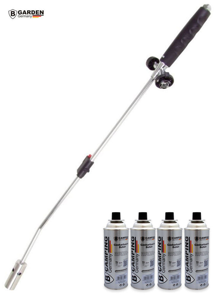 B-GARDEN Gasbrenner UNKRAUTBRENNER Lanze mit Piezozündung + 4er-Set GASKARTUSCHEN 227g Butangas-Kartuschen mit Bajonett-Ventil