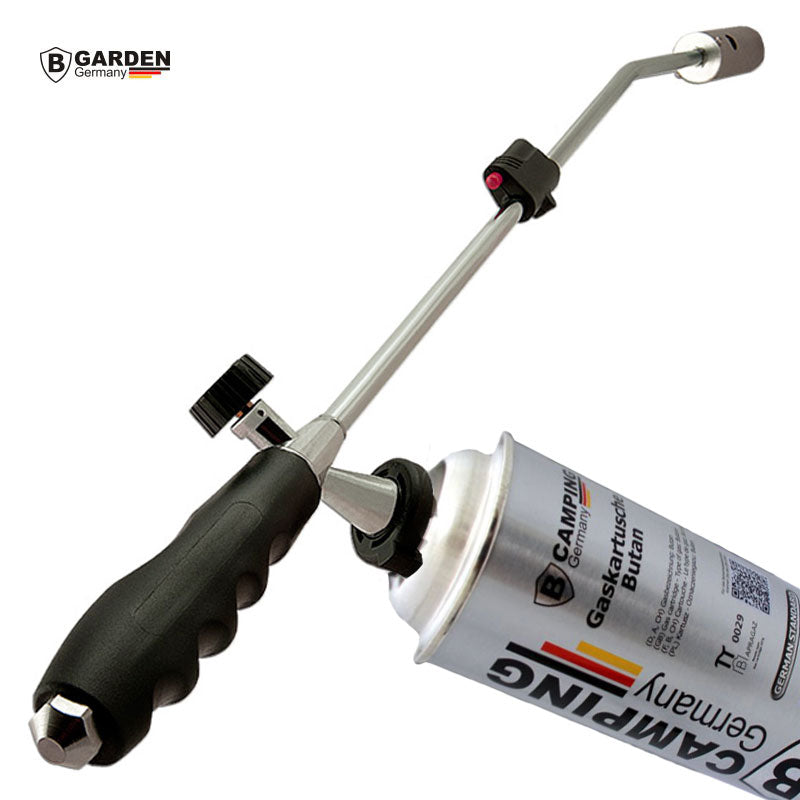 B-GARDEN Gasbrenner UNKRAUTBRENNER Lanze mit Piezozündung + 4er-Set GASKARTUSCHEN 227g Butangas-Kartuschen mit Bajonett-Ventil