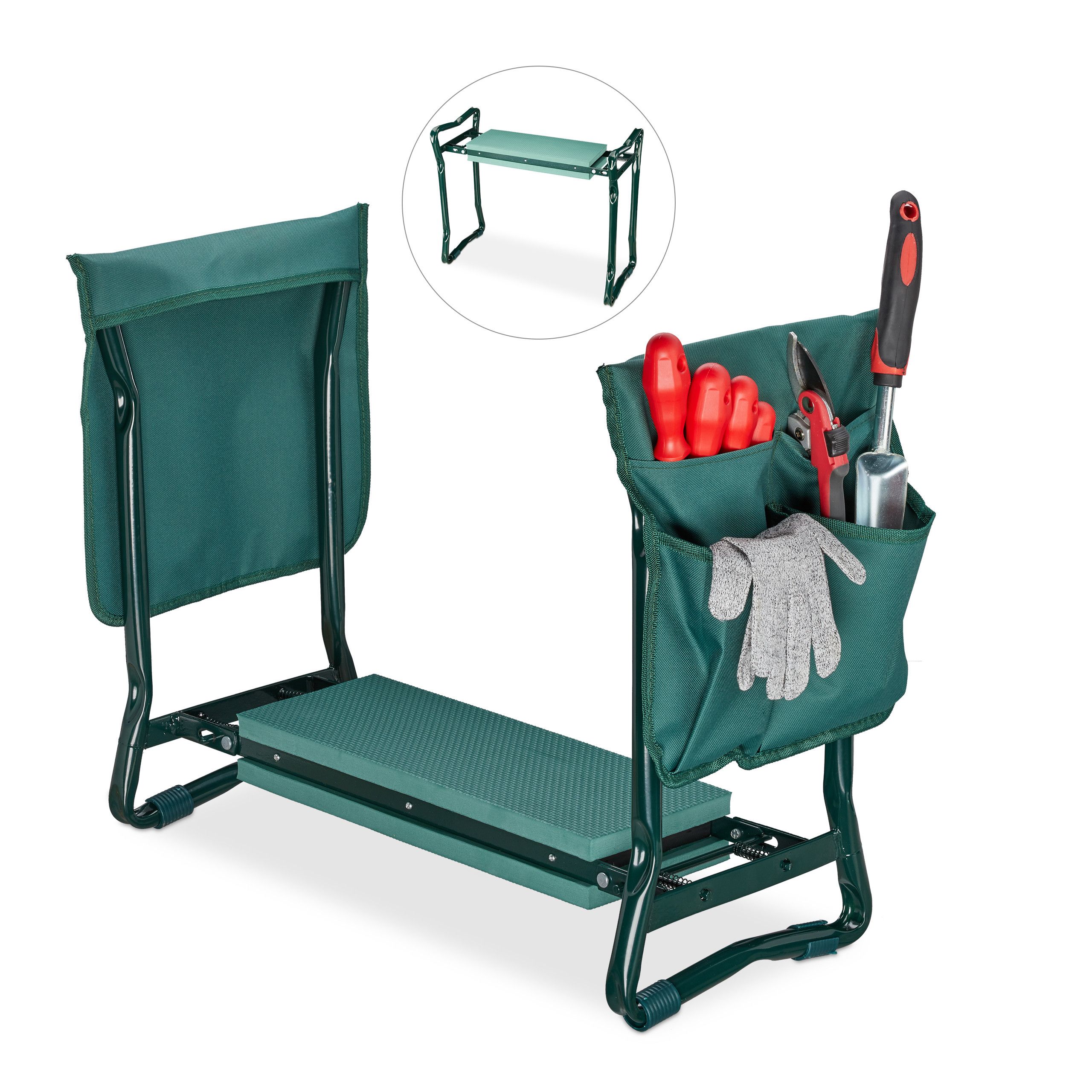 Relaxdays Kniebank mit zwei grünen Werkzeugtaschen