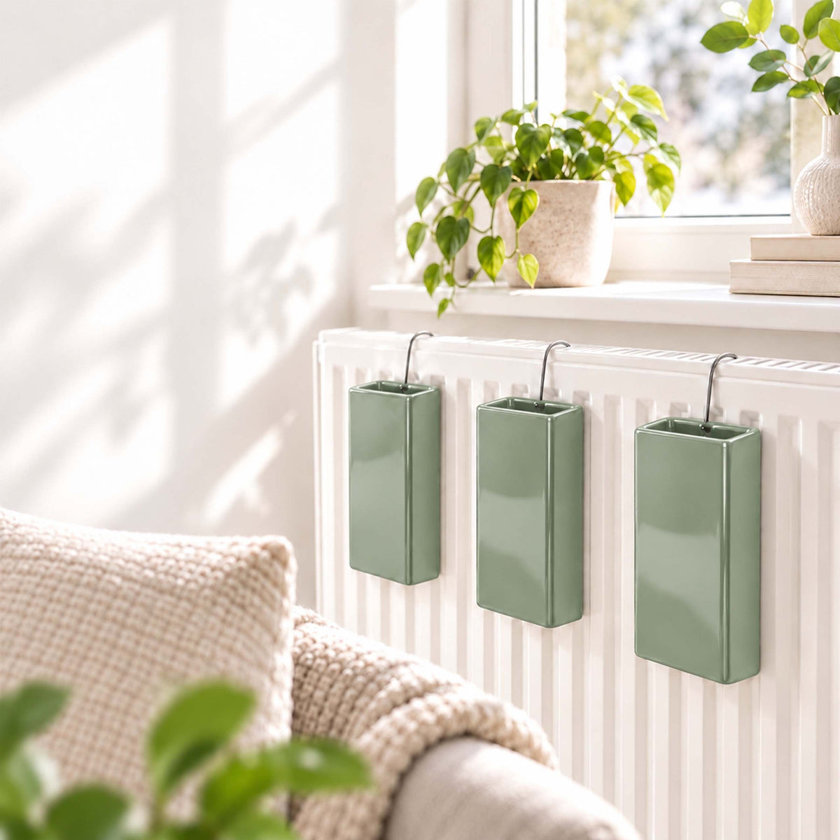 Relaxdays Heizkörper-Luftbefeuchter aus Keramik, 6er-Set – Salbei, Anwendungs- oder Detailansicht