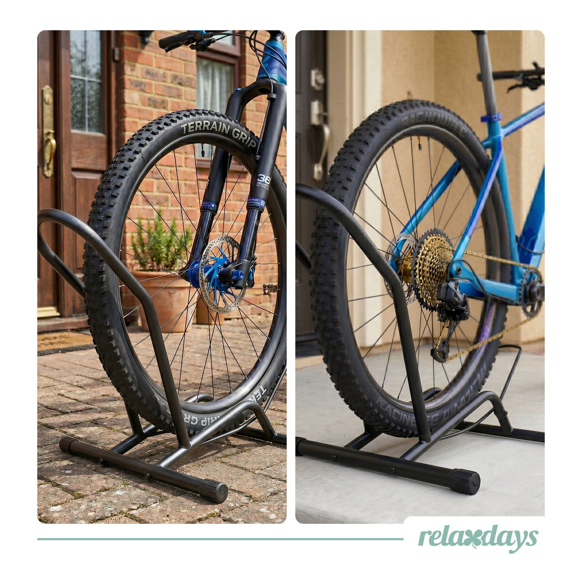 Relaxdays Fahrrad-Bodenständer für 16–29 Zoll, bis 9 cm Reifenbreite – Schwarz, Anwendungs- oder Detailansicht