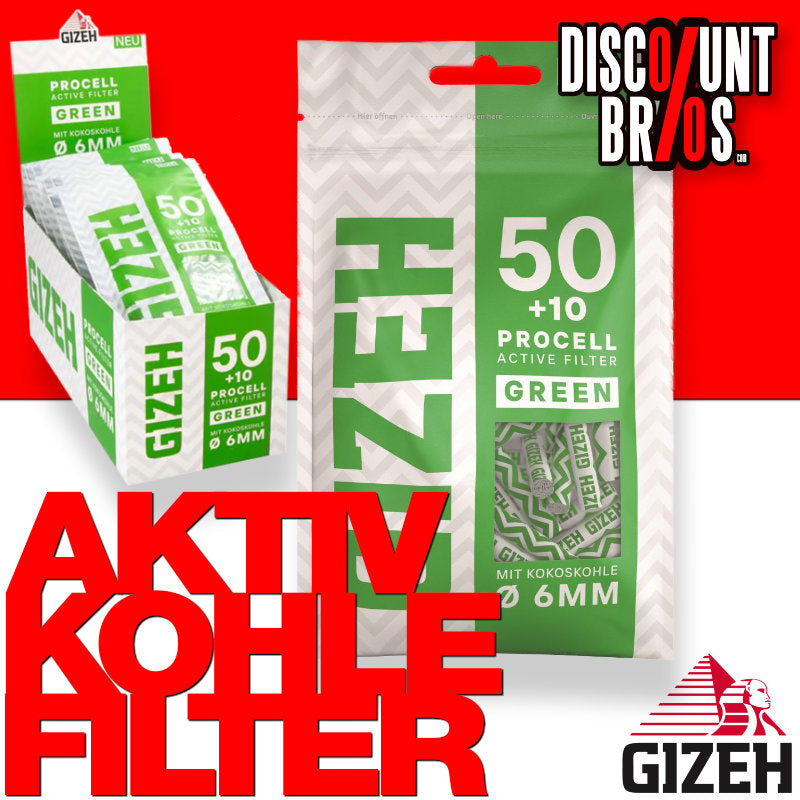 600 Stk. GIZEH GREEN Active Filter ProCell Aktivkohlefilter Filter Zigarettenfilter 6mm EXTRA-SLIM Verkaufsdisplay