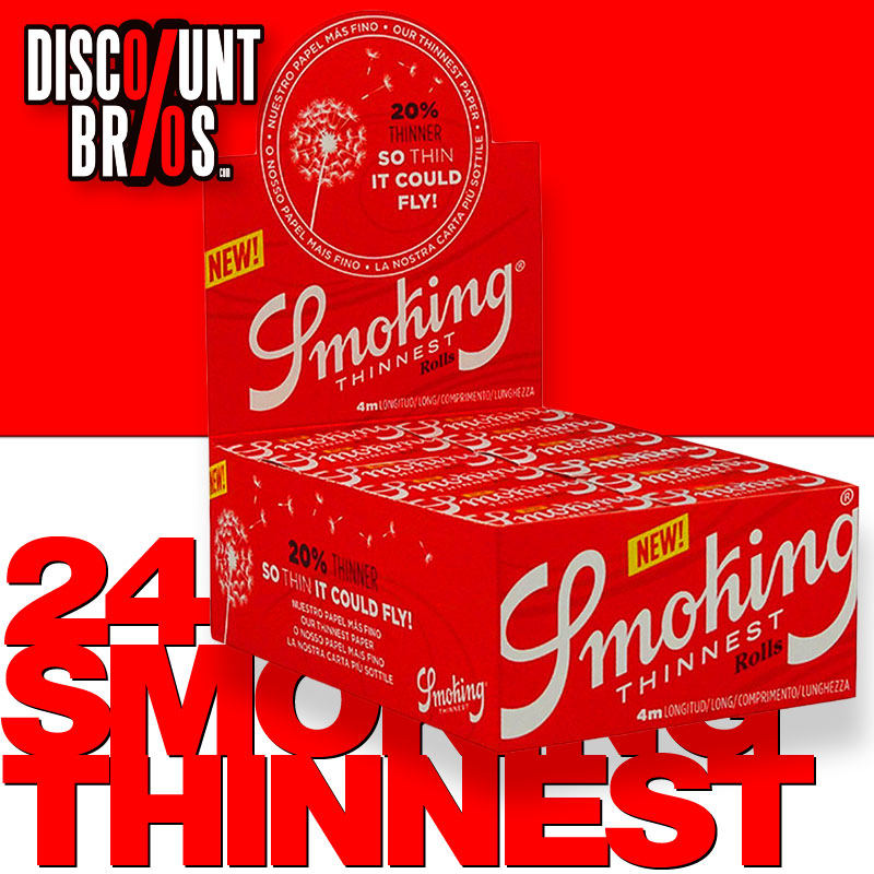 24 × SMOKING RED THINNEST Rolls Slim Papers Zigarettenpapier 4m×44mm