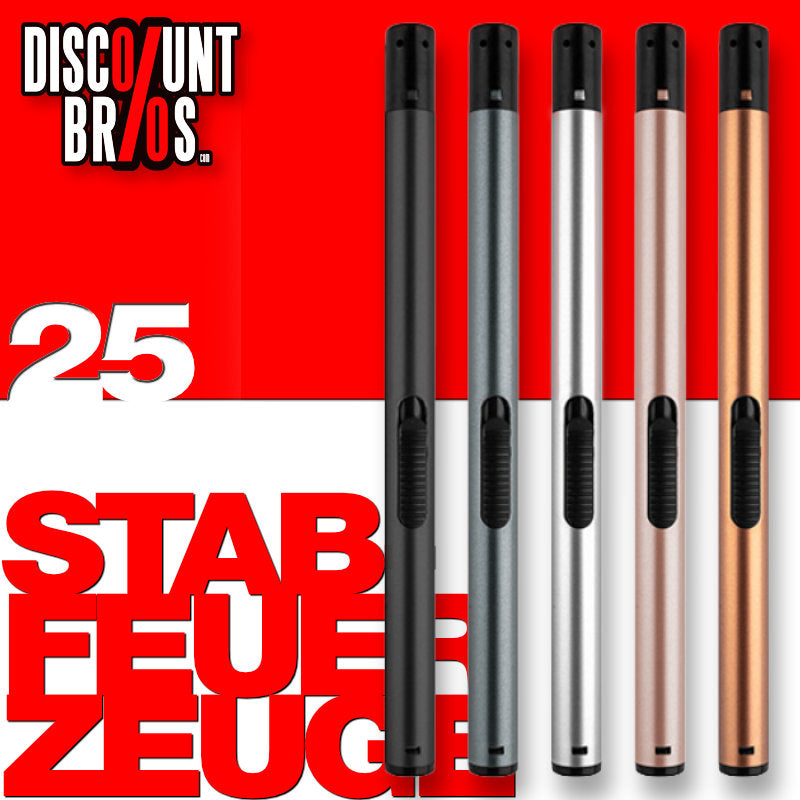 25 Stück LUX Stabfeuerzeuge "BBQ Slim" in 5 Metallicfarben Verkaufsdisplay
