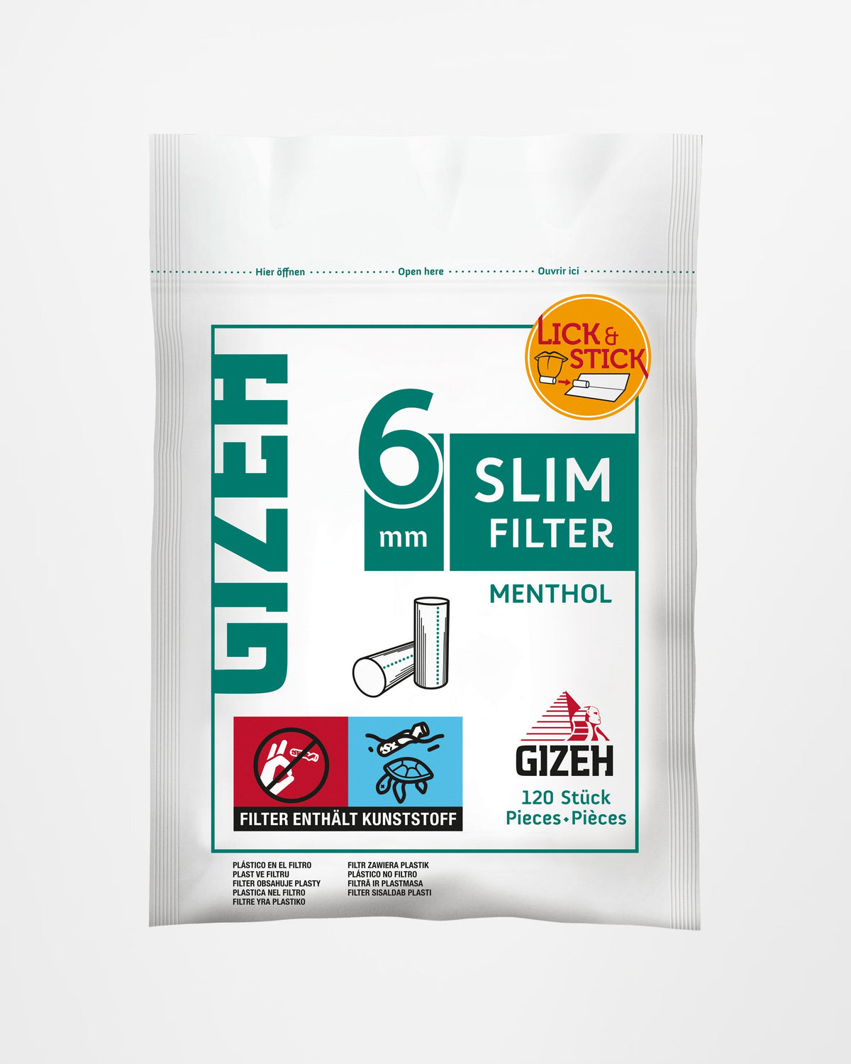 GIZEH Slim Menthol Filter 6 mm im Beutel mit 120 Stück in Frontansicht