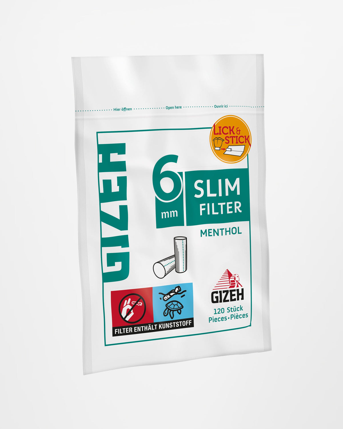 GIZEH Slim Menthol Filter 6 mm im wiederverschliessbaren Beutel in Seitenansicht