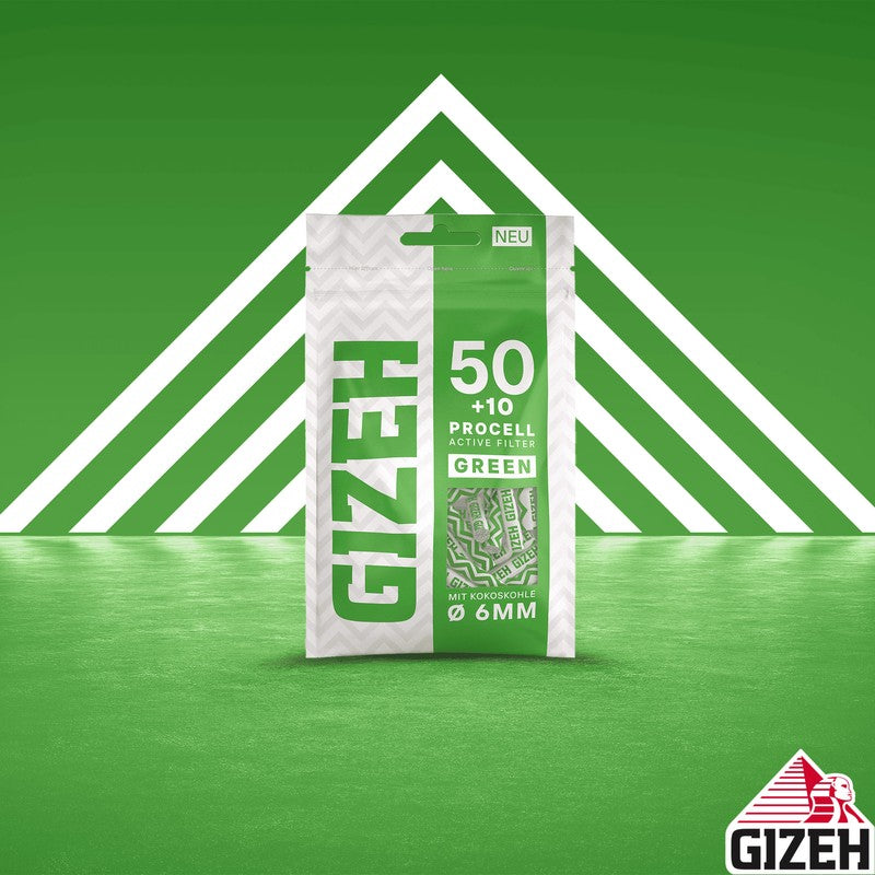 50+10 Stk. GIZEH GREEN Active Filter ProCell Aktivkohlefilter Filter Zigarettenfilter 6mm EXTRA-SLIM