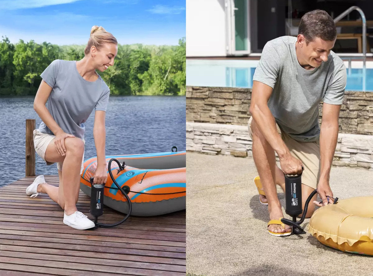 Bestway Handpumpe beim Aufpumpen eines Boots und eines Schwimmrings