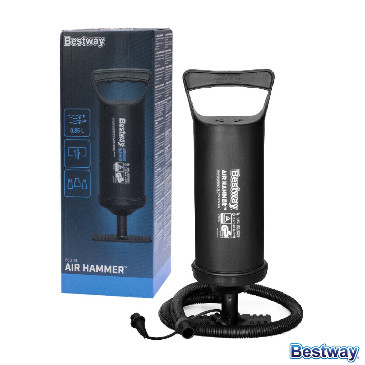 Bestway Air Hammer Handpumpe mit Schlauch neben der Verpackung