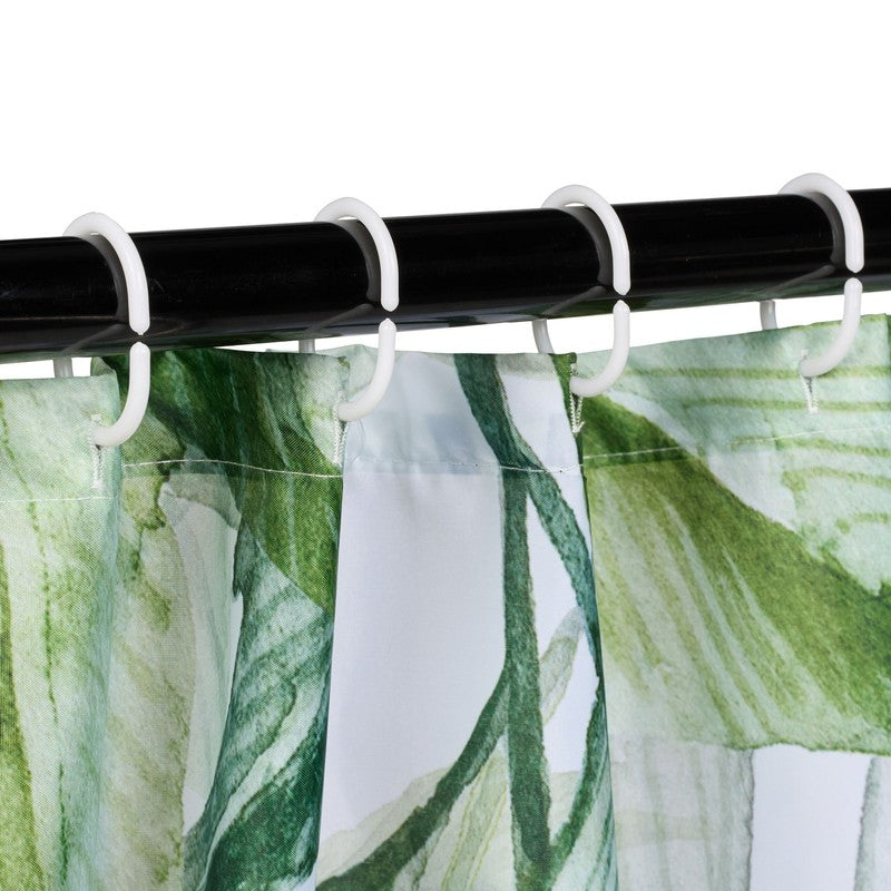 Textil DUSCHVORHANG Polyesterstoff mit Blätter Motiv in Grün und Weiss + 12 Ringe 180×200cm