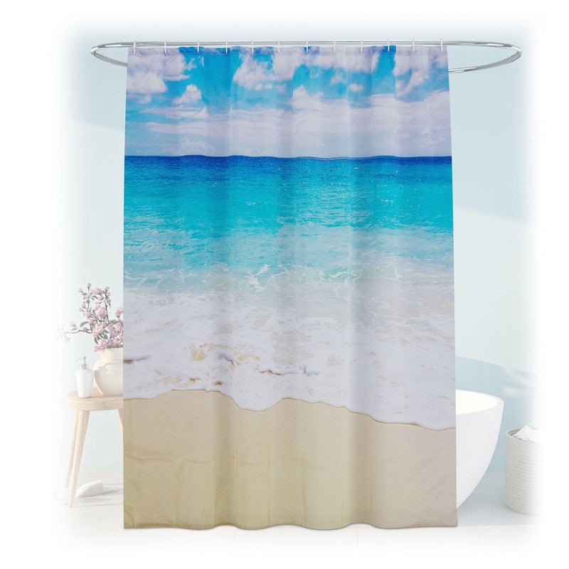Textil DUSCHVORHANG Polyesterstoff mit Strand Motiv + 12 Ringe 180×200cm
