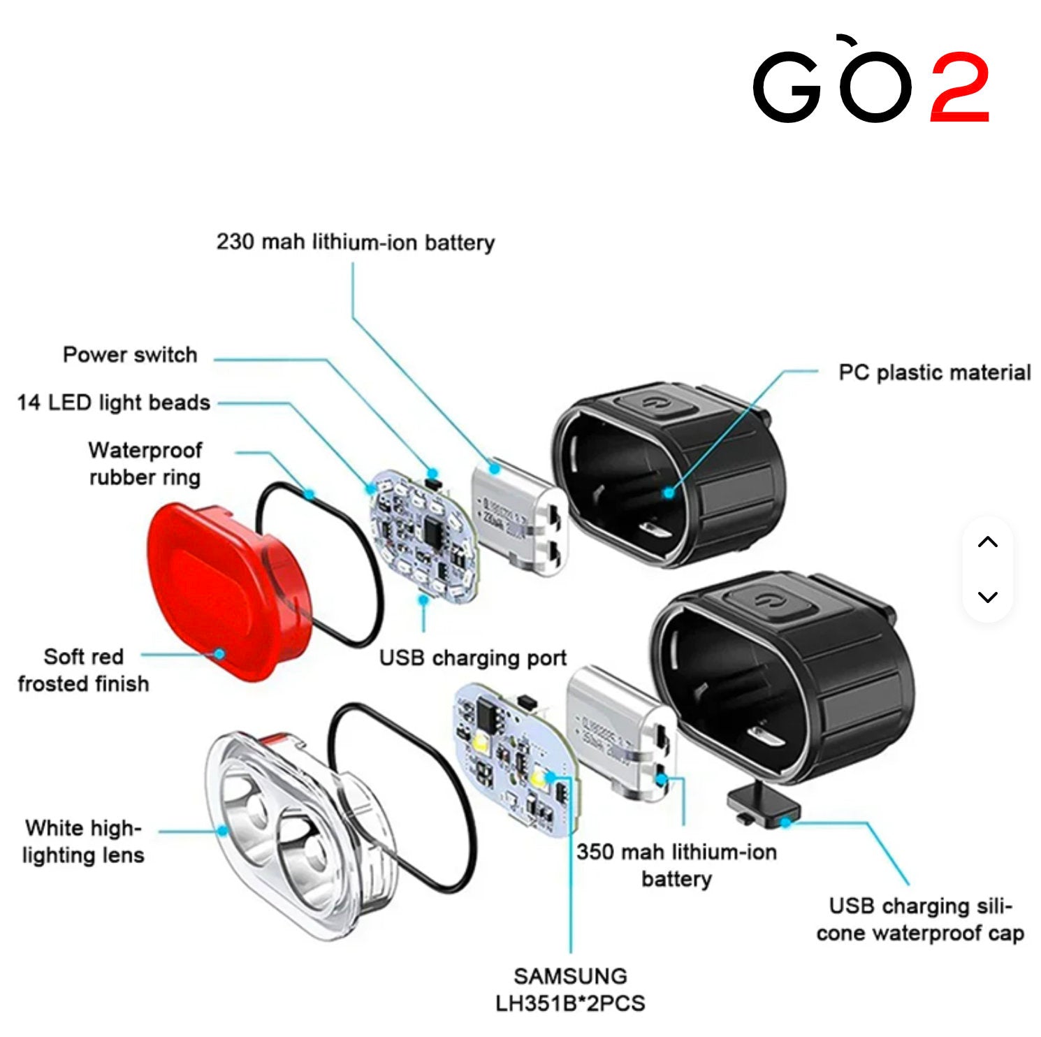 GO2 USB VELOLICHT Set vorne und hinten wiederaufladbare Fahrrad Front- + Rückleuchte 200/50 Lumen