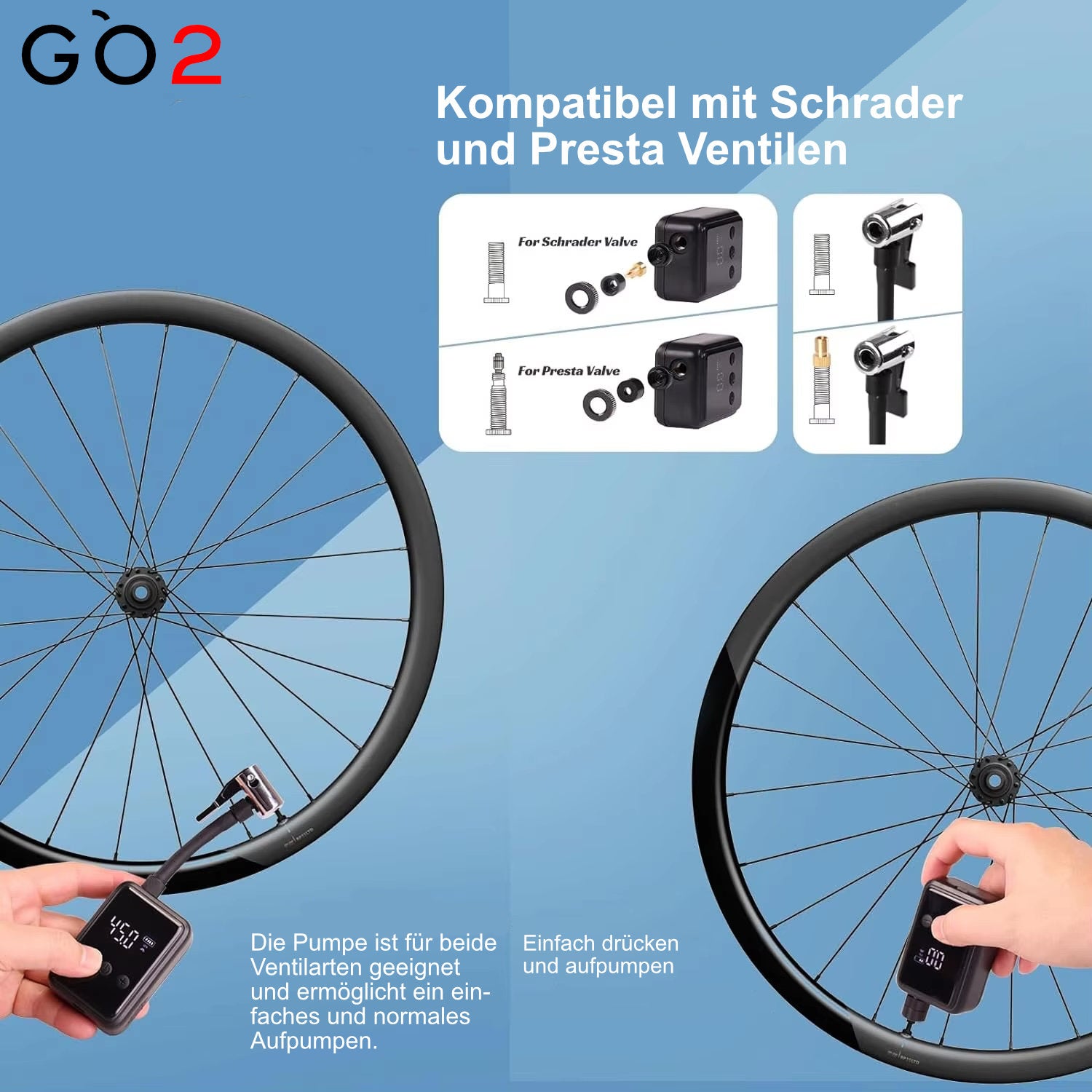 GO2 elektrische Mini Velopumpe 150 PSI USB C mit LCD