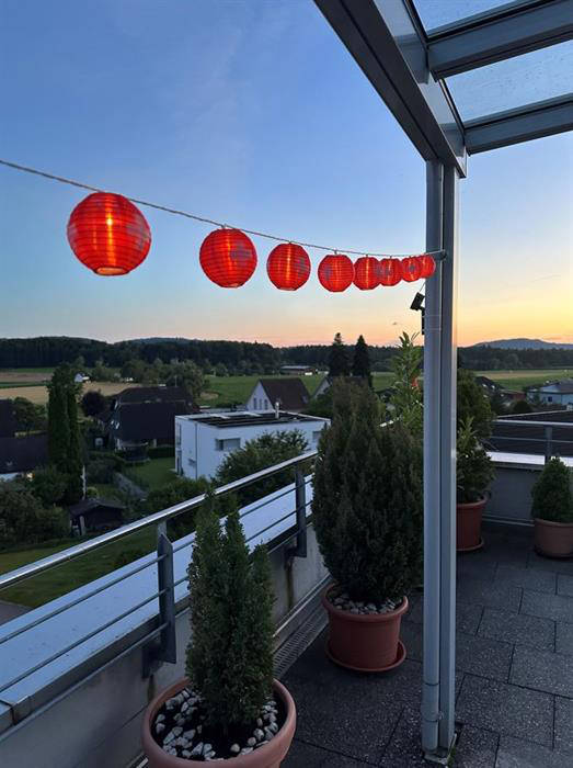 1. August LED Solar Lichterkette mit 10 Lampions mit Schweizer-Kreuz