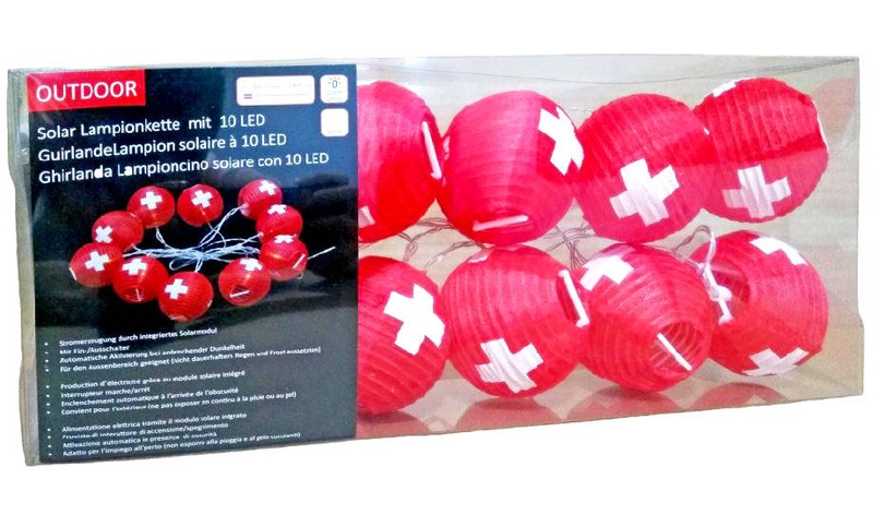 1. August LED Solar Lichterkette mit 10 Lampions mit Schweizer-Kreuz
