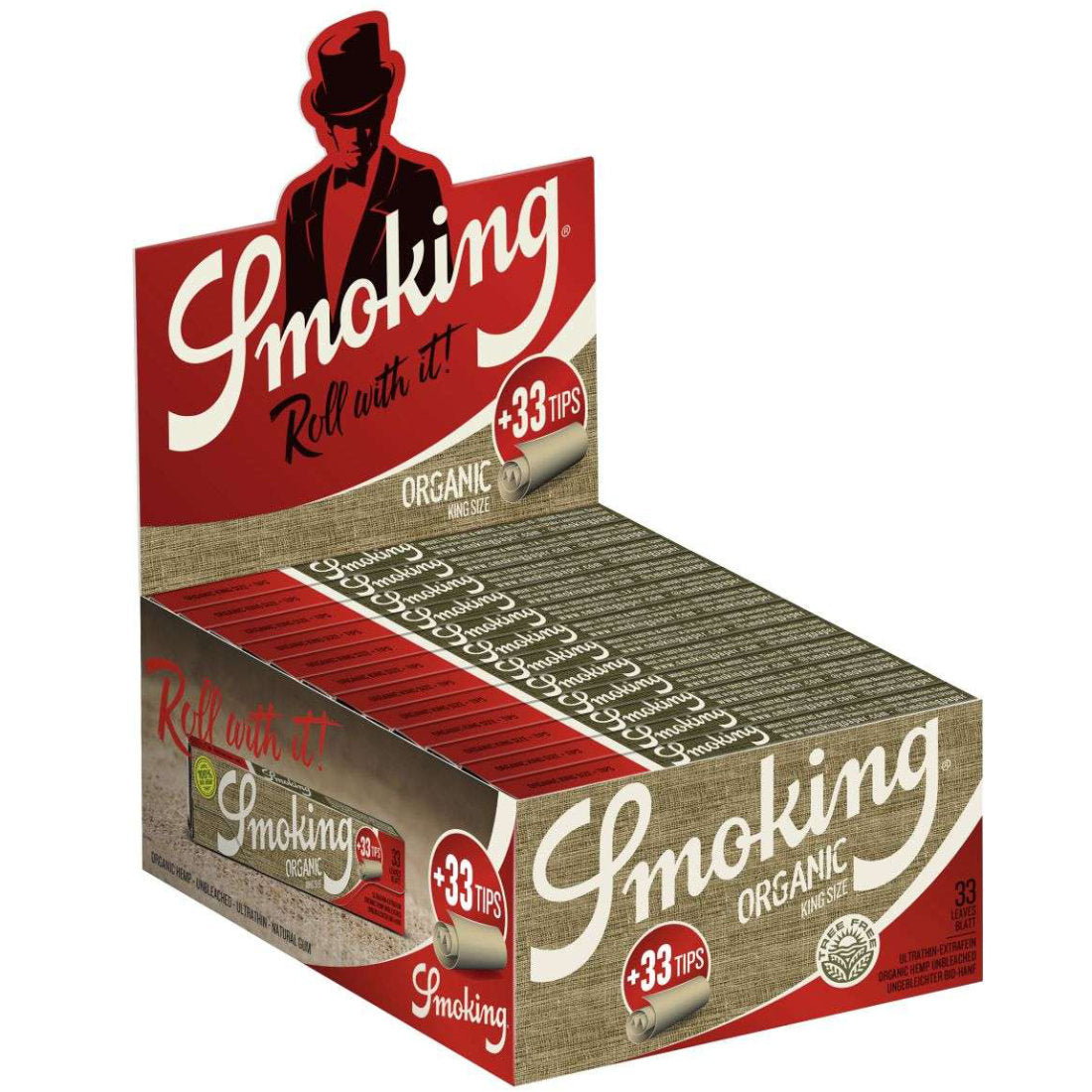 24er Verkaufsdisplay SMOKING ORGANIC Hemp HANF King Size Papers 33 Blatt Zigarettenpapier + Filter Tips