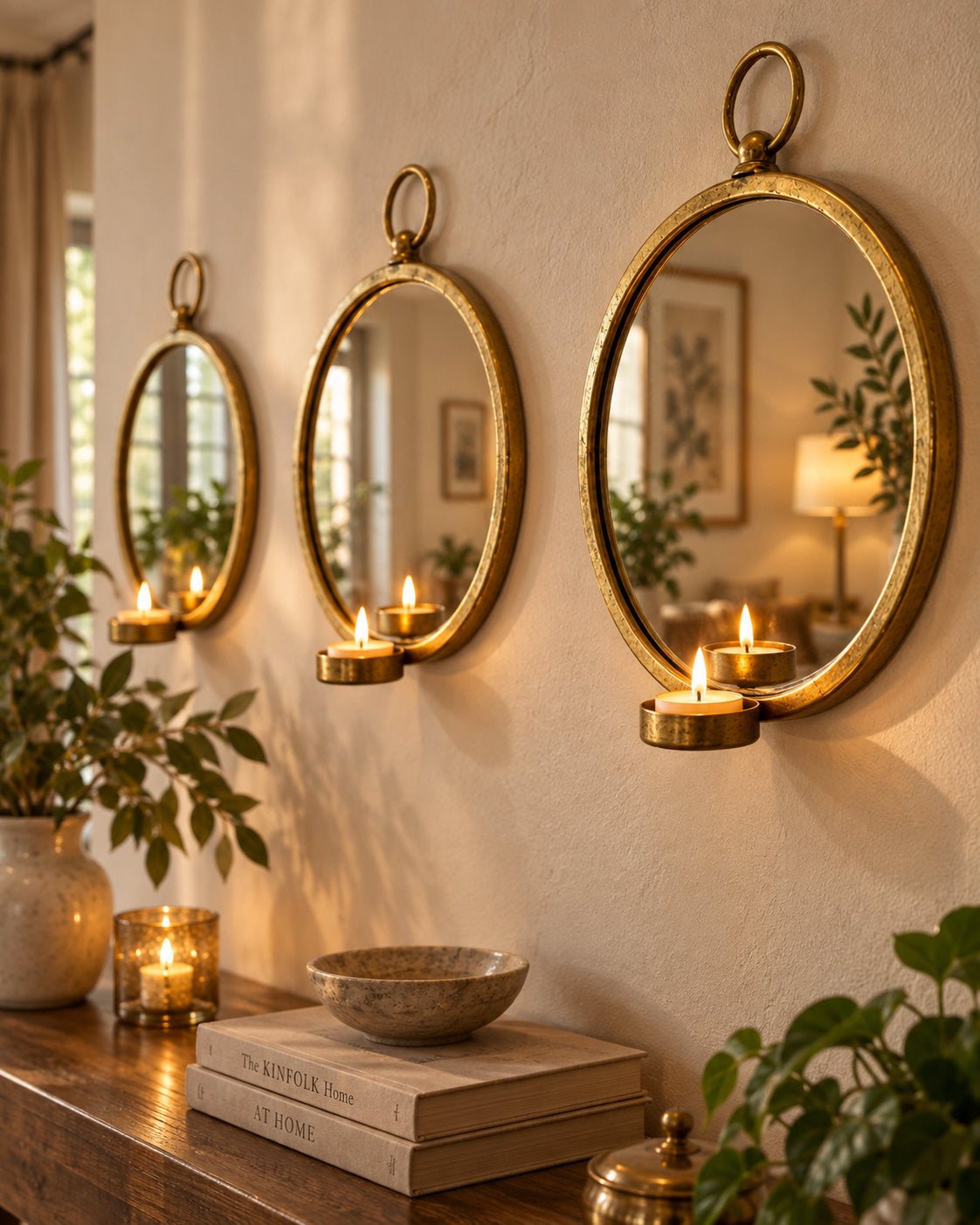 Dekobeispiel mit drei Florissima Spiegeln und Rechaud-Kerzenhaltern über einer Holzkommode