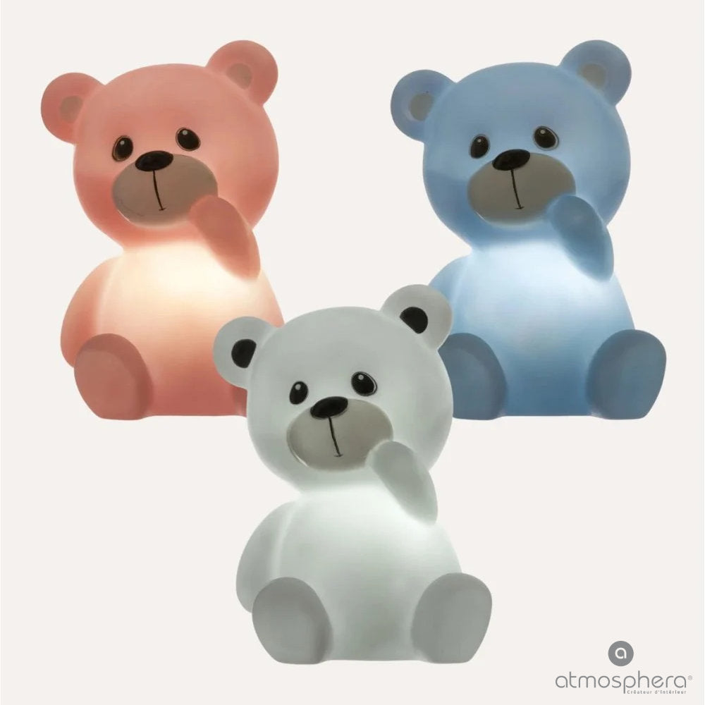 Teddybär-Nachtlichter in Hellgrau, Rosa und Hellblau mit leuchtendem Bauch