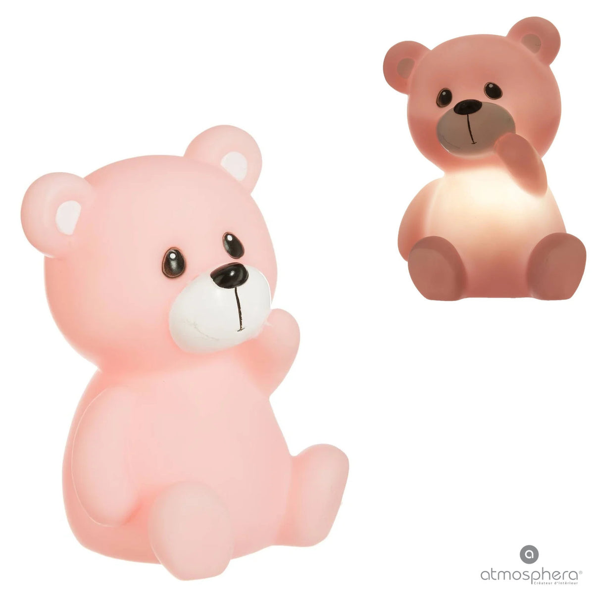 Rosa Teddybär-Nachtlicht im Vergleich ein- und ausgeschaltet
