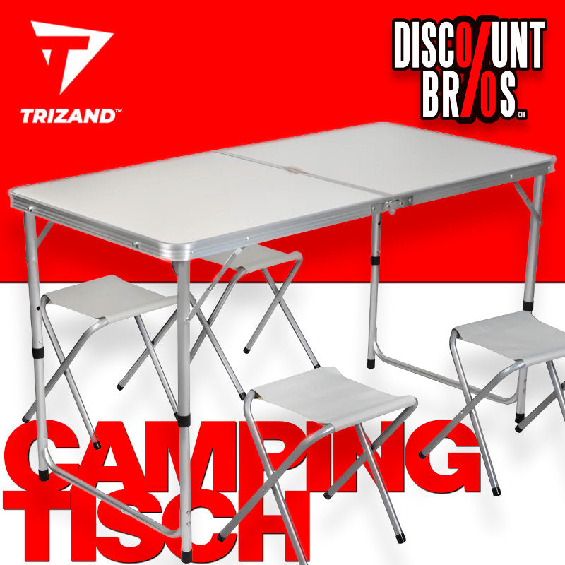 Campingtisch Mehrzwecktisch KLAPPTISCH mit 4 HOCKER Universaltisch faltbar höhenverstellbar 120×60cm WEISS