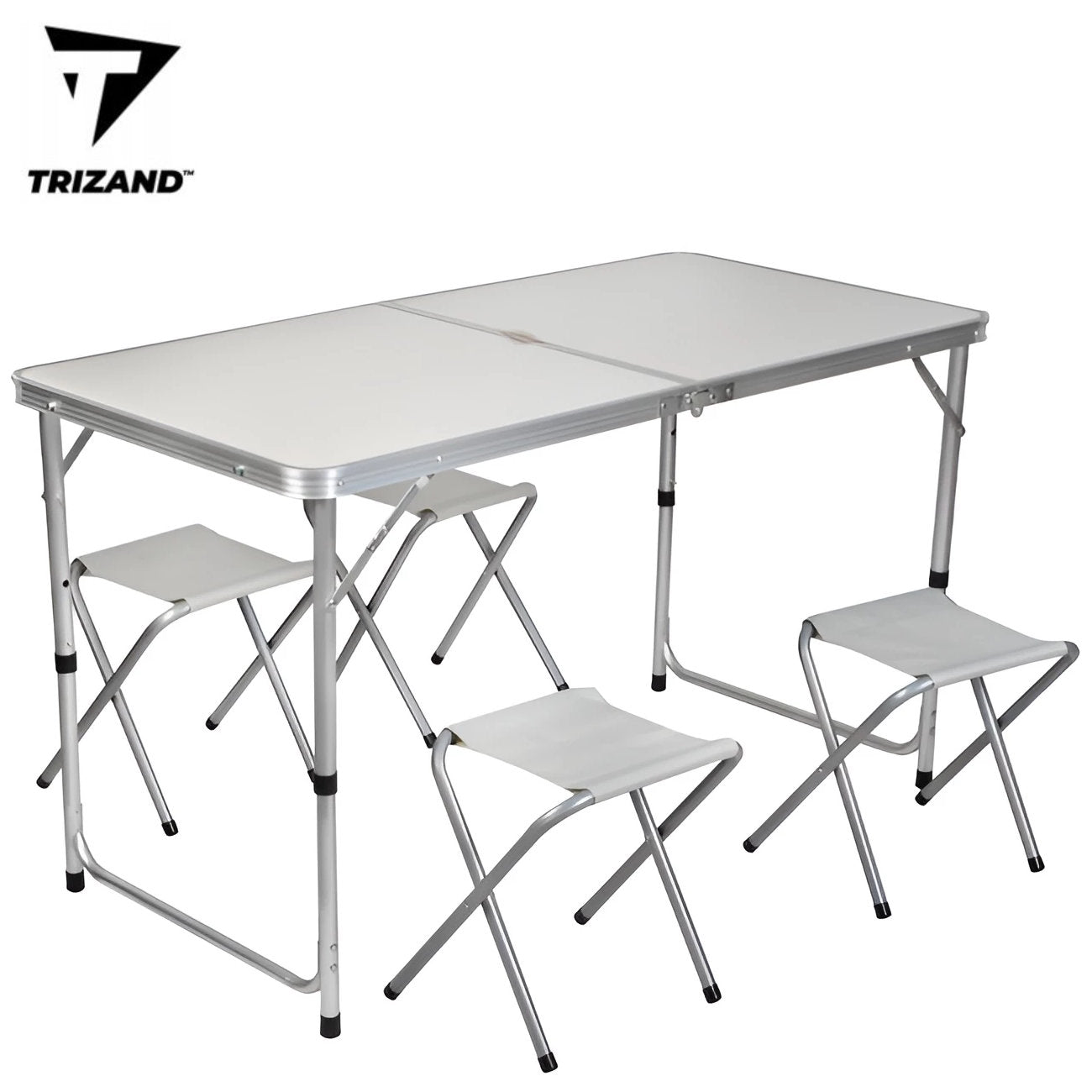Campingtisch Mehrzwecktisch KLAPPTISCH mit 4 HOCKER Universaltisch faltbar höhenverstellbar 120×60cm WEISS