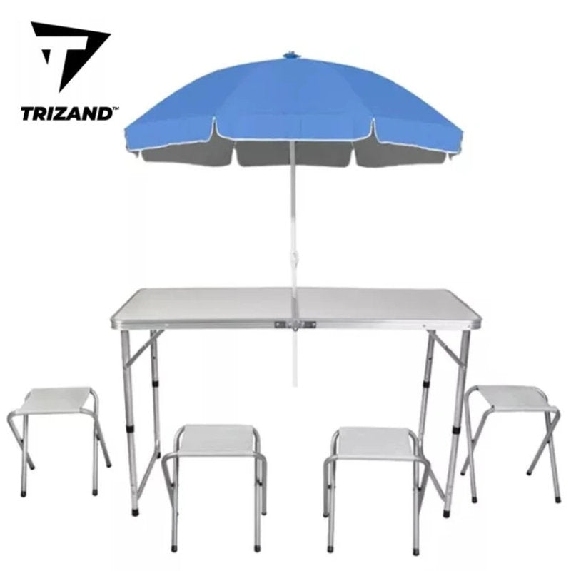 Campingtisch Mehrzwecktisch KLAPPTISCH mit 4 HOCKER Universaltisch faltbar höhenverstellbar 120×60cm WEISS