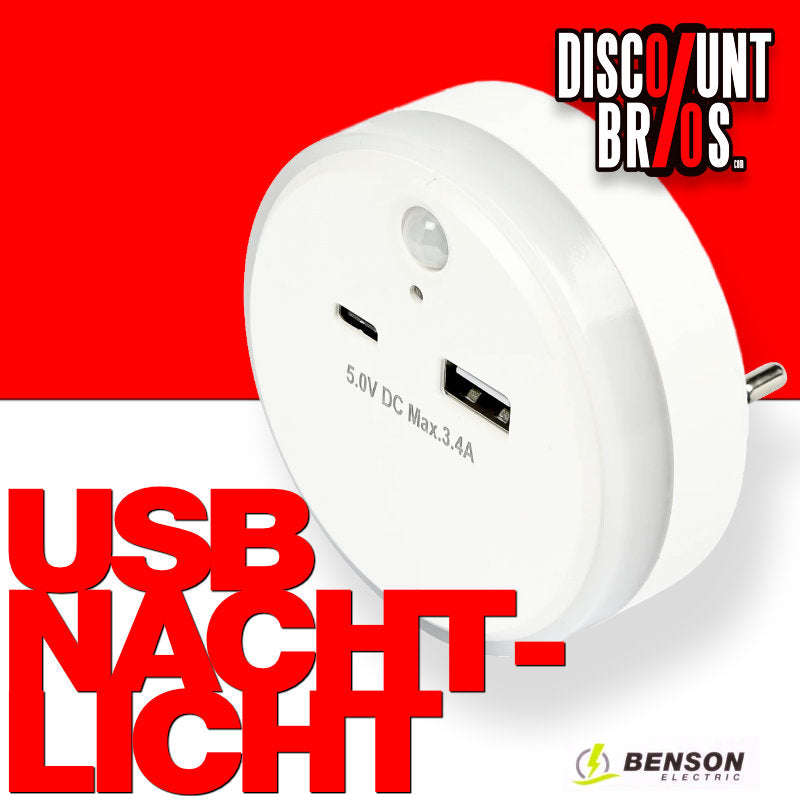 Benson Electric LED NACHTLICHT + LADEADAPTER USB A und USB C mit Sensor