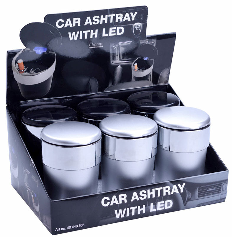 Champ AUTO-ASCHENBECHER Aschenbecher für Getränkehalter mit Deckel und LED Licht SCHWARZ oder SILBER