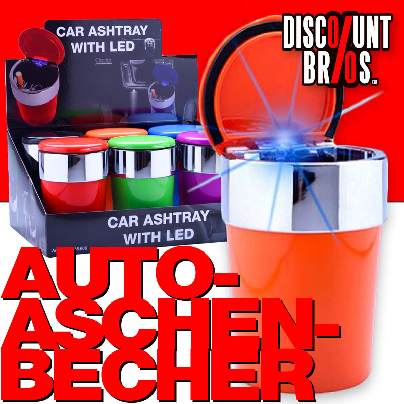 Champ AUTO-ASCHENBECHER Aschenbecher für Getränkehalter mit Deckel und LED Licht FARBIG