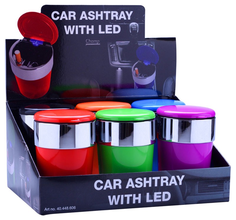 Champ AUTO-ASCHENBECHER Aschenbecher für Getränkehalter mit Deckel und LED Licht FARBIG