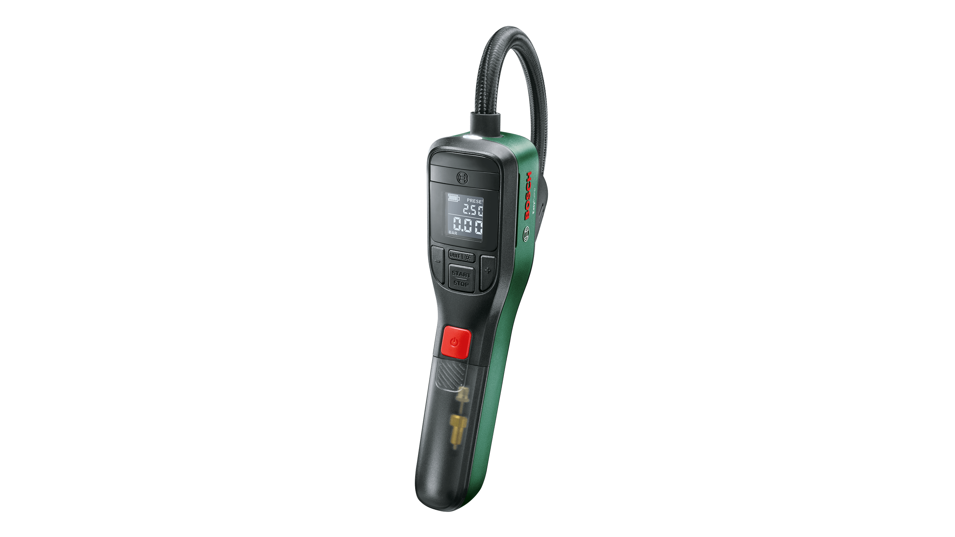 Bosch EasyPump Akku-Druckluftpumpe mit beleuchtetem Digitaldisplay und integriertem Adapterfach