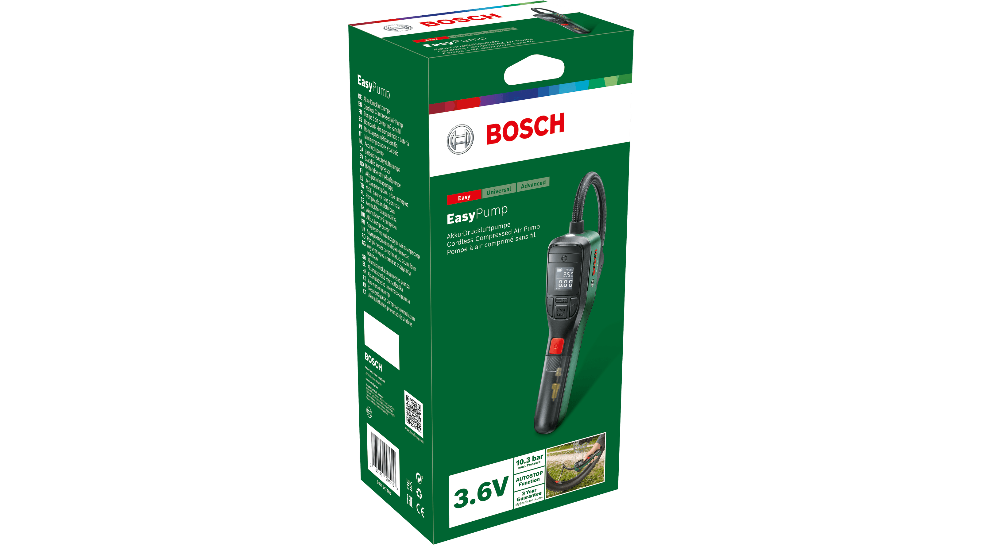 Originalverpackung der Bosch EasyPump Akku-Druckluftpumpe 3,6 V
