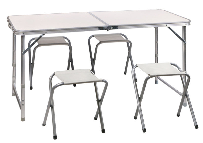 Campingtisch Mehrzwecktisch KLAPPTISCH mit 4 HOCKER Universaltisch faltbar höhenverstellbar 120×60cm