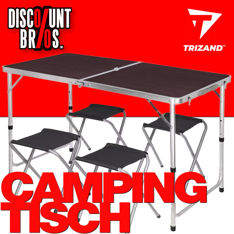 Campingtisch Mehrzwecktisch KLAPPTISCH mit 4 HOCKER Universaltisch faltbar höhenverstellbar 120×60cm BRAUN