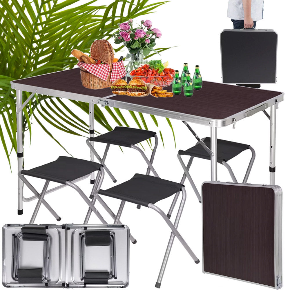 Campingtisch Mehrzwecktisch Klapptisch mit 4 Hocker Universaltisch Faltbar Höhenverstellbar 120 × 60 cm Braun