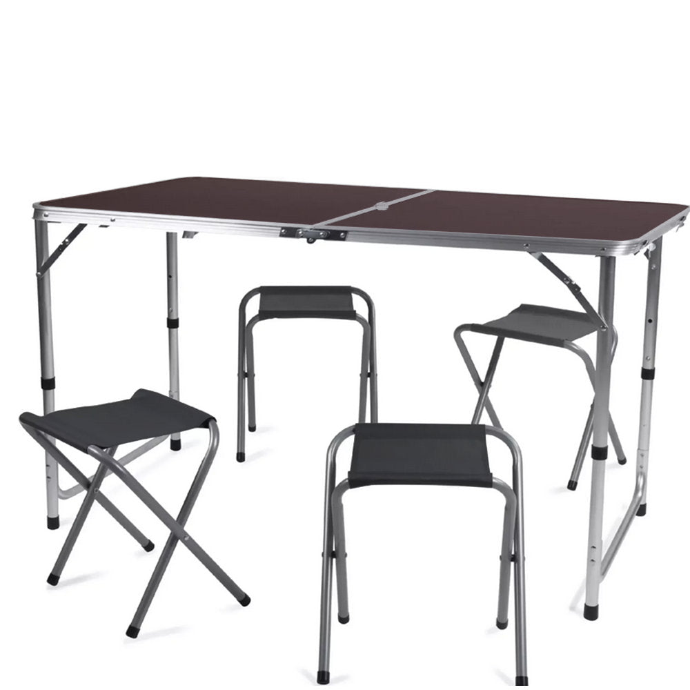 Campingtisch Mehrzwecktisch KLAPPTISCH mit 4 HOCKER Universaltisch faltbar höhenverstellbar 120×60cm BRAUN