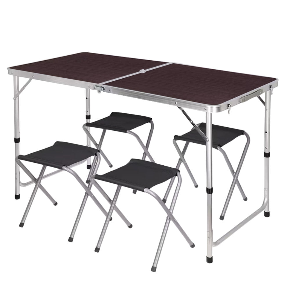 Campingtisch Mehrzwecktisch Klapptisch mit 4 Hocker Universaltisch Faltbar Höhenverstellbar 120 × 60 cm Braun