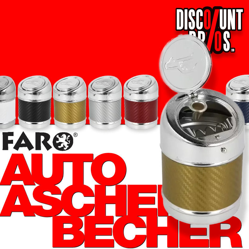FARO Autoaschenbecher Metal Color: Farbübersicht mit geöffnetem goldfarbenem Modell und DiscountBros-Logo.