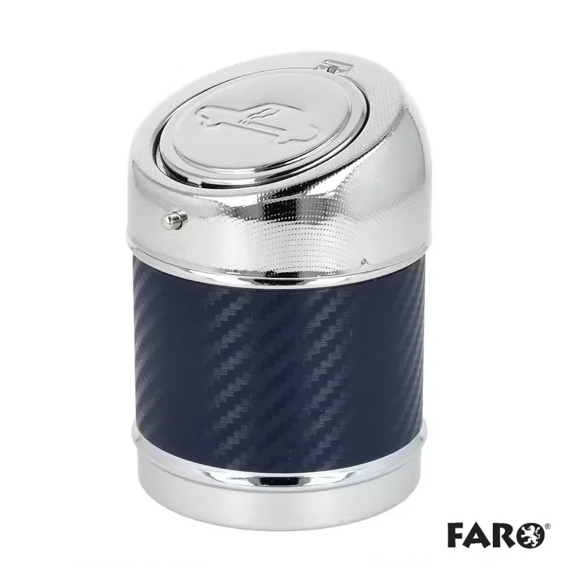 FARO Autoaschenbecher Metal Color in Blau mit gemusterter Oberfläche und geschlossenem silberfarbenem Deckel.