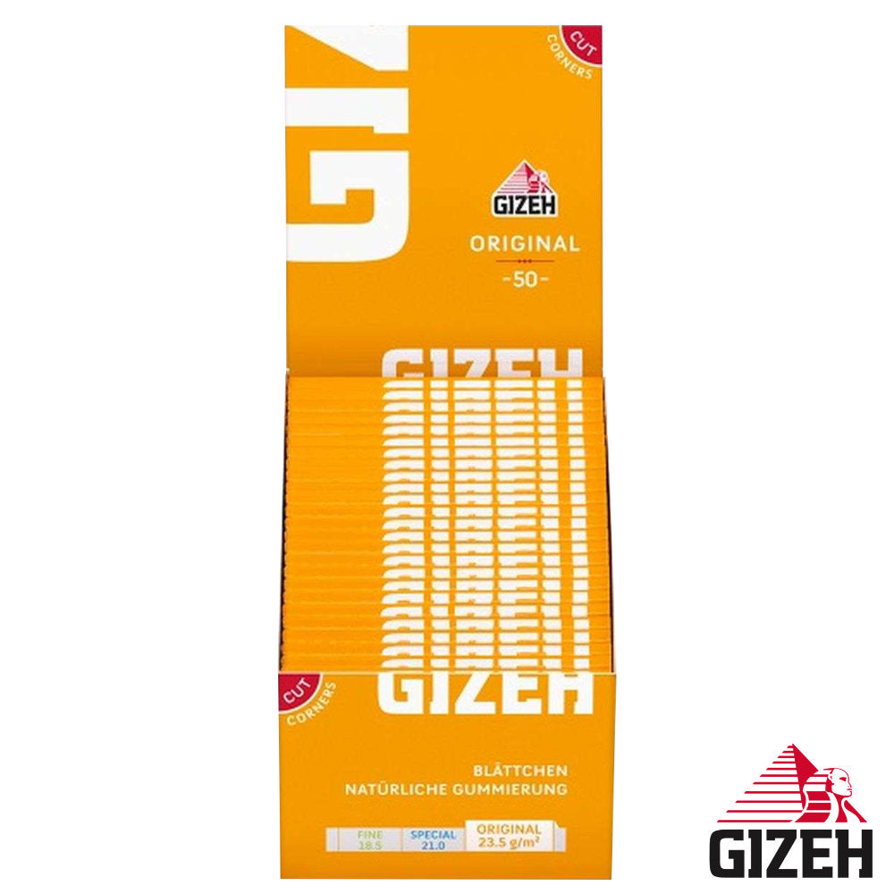 50er-Verkaufsdisplay GIZEH Original Gelb Zigarettenpapier mit je 50 Blättchen 68 × 35 mm