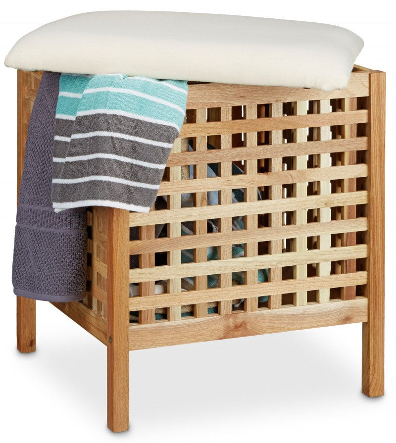 Wäschebox SITZ-HOCKER Badhocker mit Stauraum aus Walnuss-Holz