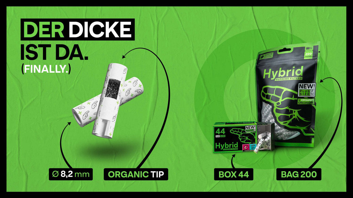 Hybrid Supreme AKTIVKOHLEFILTER 8,2 mm Plus Size (44 Stück)