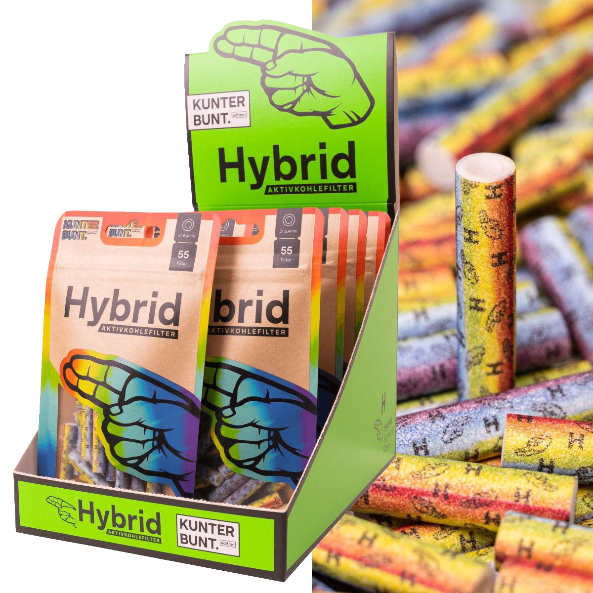 Hybrid Supreme AKTIVKOHLEFILTER 6.4 mm Extra Slim (55 Stück) – Special Edition – Rainbow